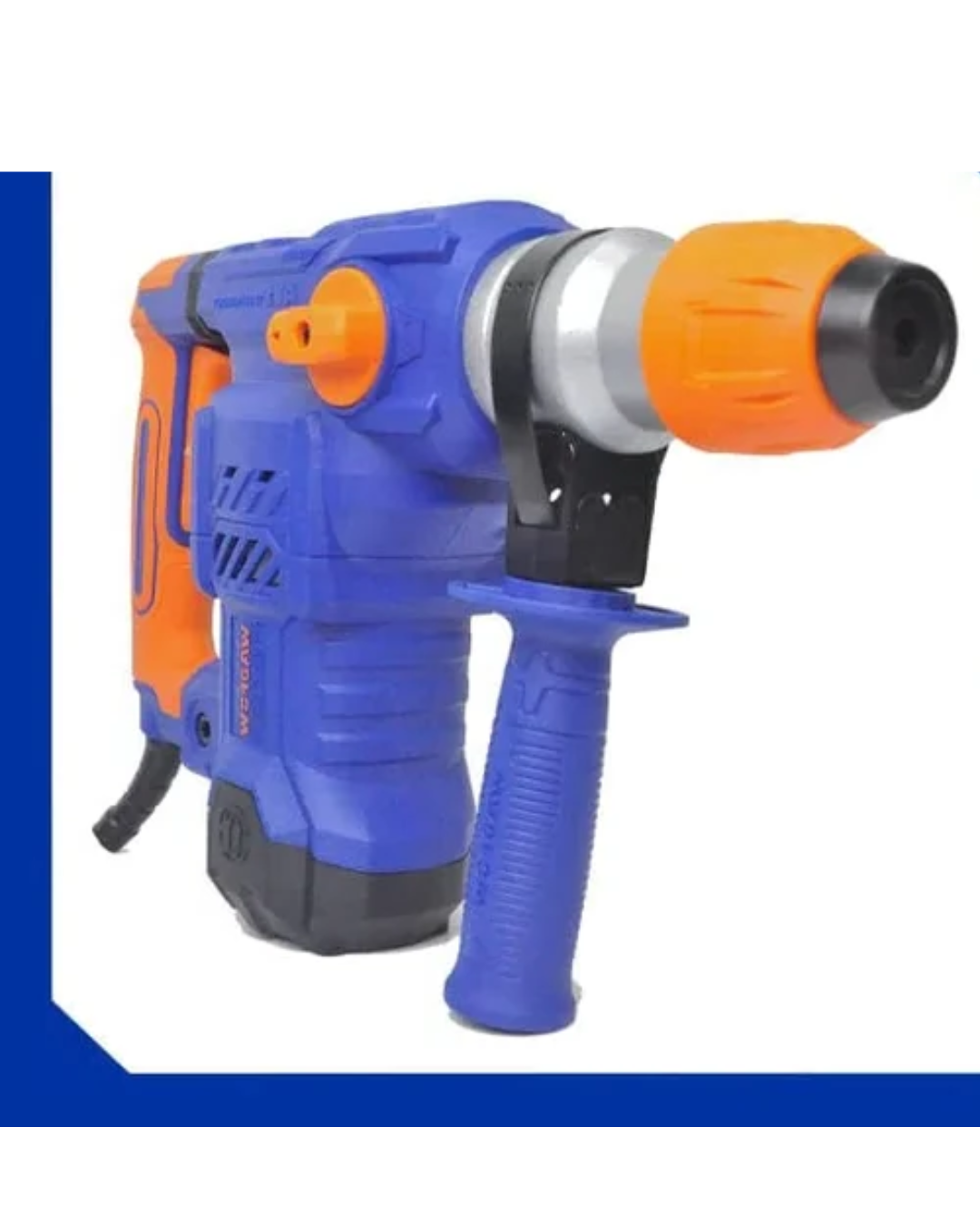 Wadfow 1500W Rotary Hammer WRH2D32 Product Views 2 view of the orange and grey Wadfow 1500W rotary hammer showing the trigger grip and depth gauge attachment 2