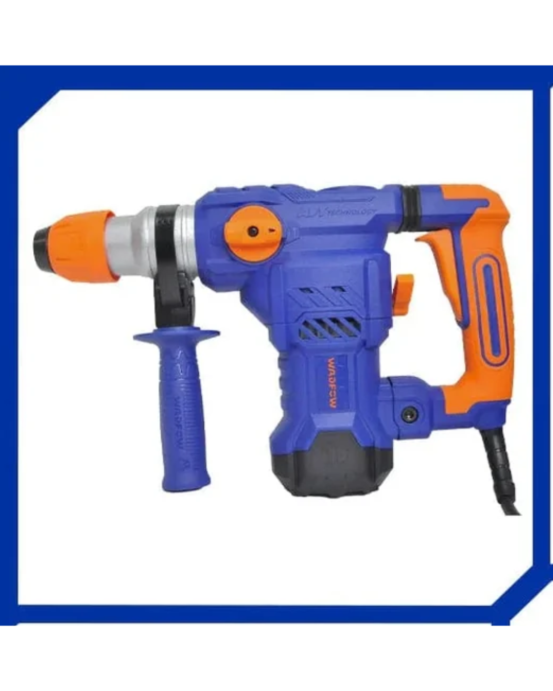Wadfow 1500W Rotary Hammer WRH2D32 Product Views D view of the orange and grey Wadfow 1500W rotary hammer showing the trigger grip and depth gauge attachment D