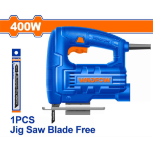 Side view of the blue and grey Wadfow 400W Jigsaw WJS15401 showing the handle grip and blade guide