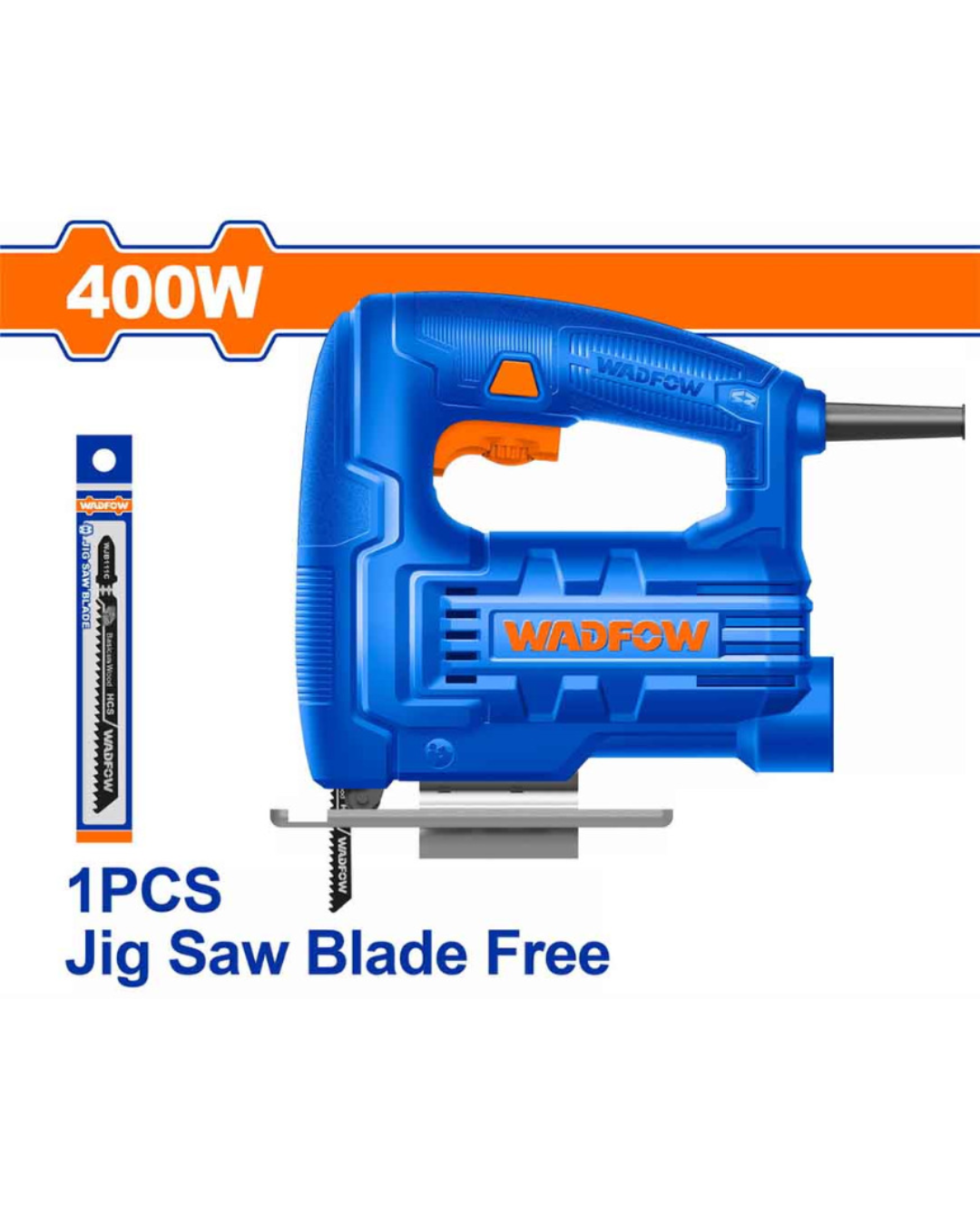 Wadfow 400W Jigsaw WJS15401 Product Photo Side view of the blue and grey Wadfow 400W Jigsaw WJS15401 showing the handle grip and blade guide