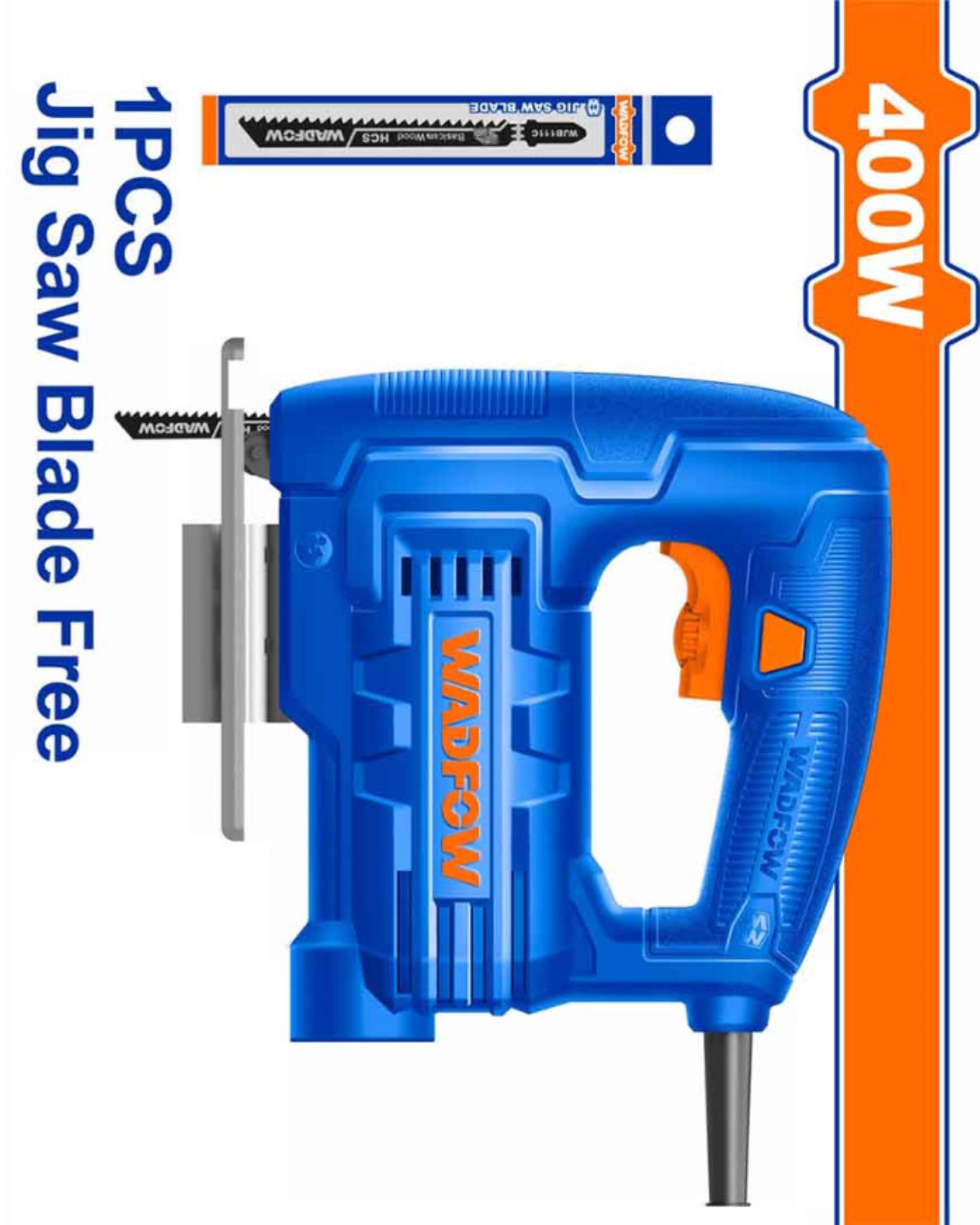 Wadfow 400W Jigsaw WJS15401 Product Photo C 5de view of the blue and grey Wadfow 400W Jigsaw WJS15401 showing the handle grip and blade guide C