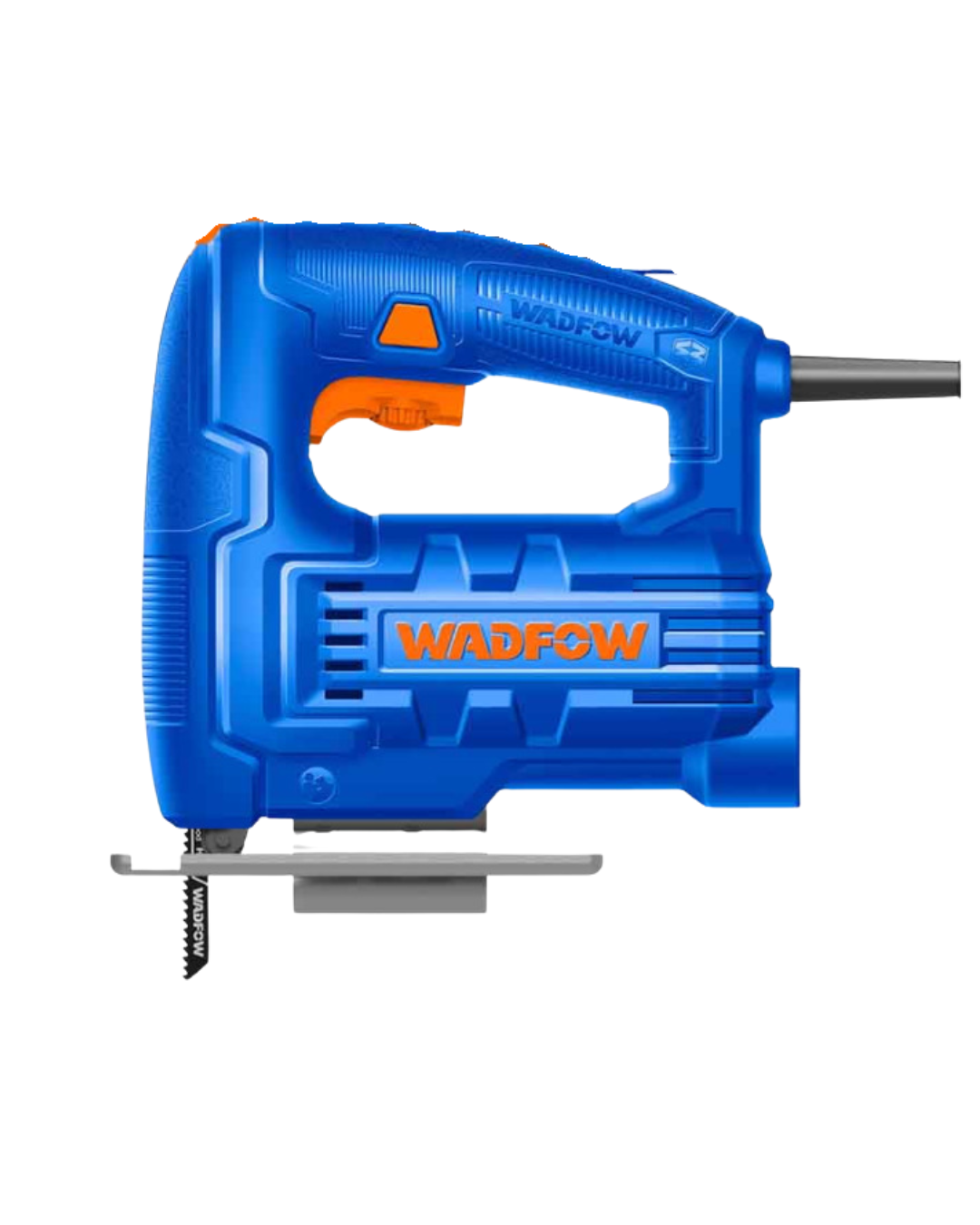 Wadfow 400W Jigsaw WJS15401 Product Photo B Side view of the blue and grey Wadfow 400W Jigsaw WJS15401 showing the handle grip and blade guide B