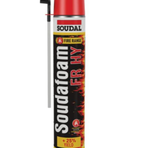 Front view of the 750ml Soudal Soudafoam FR aerosol can showing the red fire retardant label text