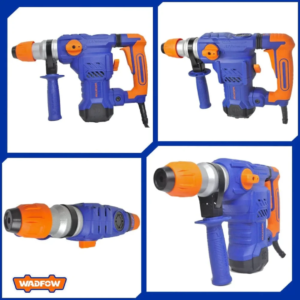 view of the orange and grey Wadfow 1500W rotary hammer showing the trigger grip and depth gauge attachment