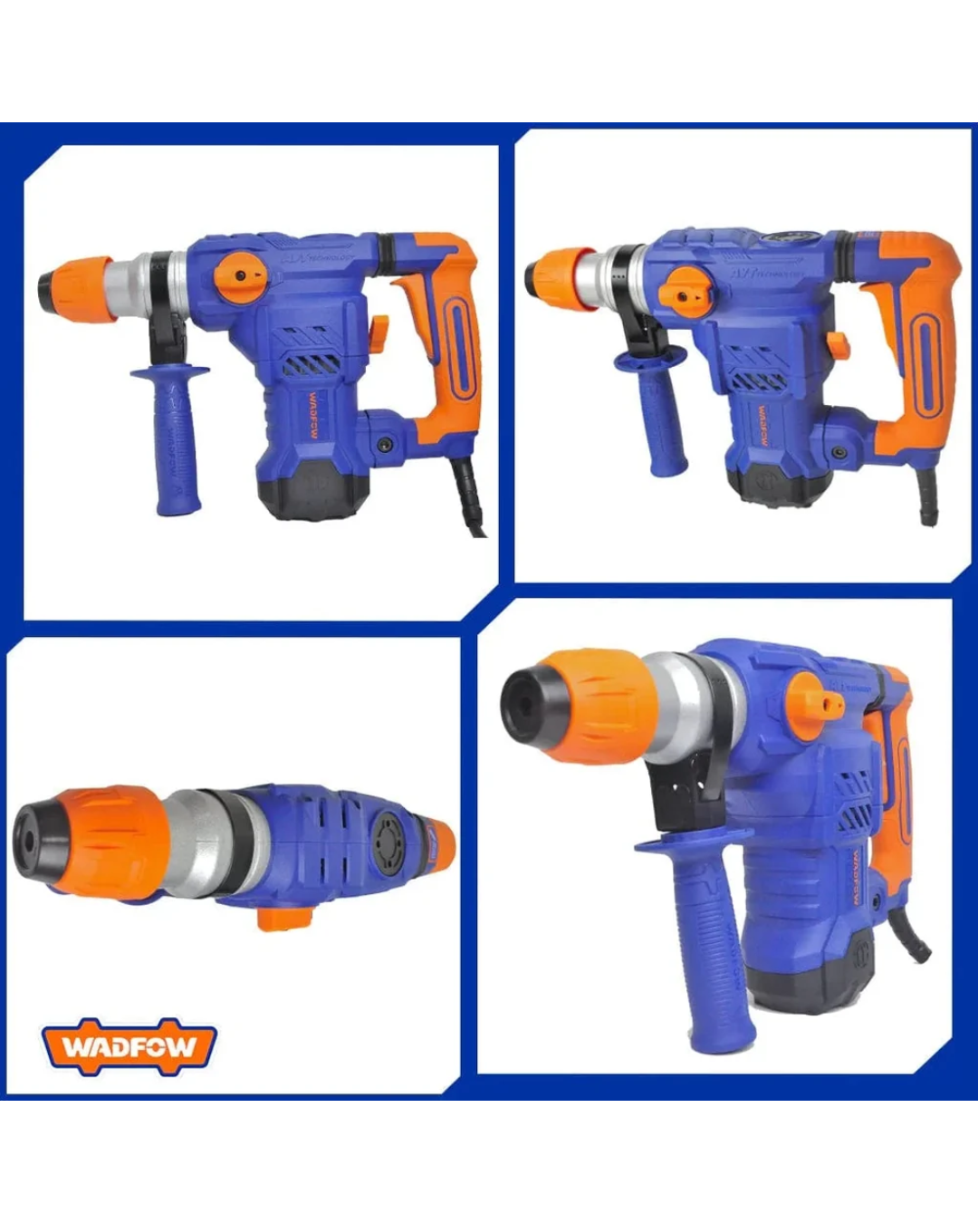 Wadfow 1500W Rotary Hammer WRH2D32 Product Views view of the orange and grey Wadfow 1500W rotary hammer showing the trigger grip and depth gauge attachment