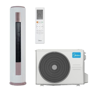 Front view of Midea 2.5HP floor standing cylindrical inverter air conditioner tower unit showing the artistic round casing and slide touch layout