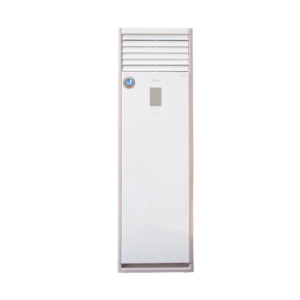 Front view of Midea 5.0HP floor standing cylindrical inverter air conditioner tower unit showing the artistic round casing and slide touch layout