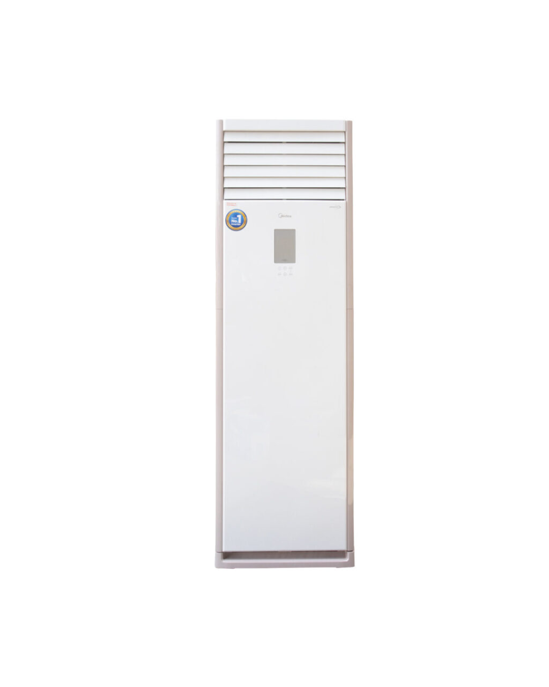 Midea 5.0HP Floor Standing Inverter AC MFPA400-48HRFN1 Product Shot Front view of Midea 5.0HP floor standing cylindrical inverter air conditioner tower unit showing the artistic round casing and slide touch layout