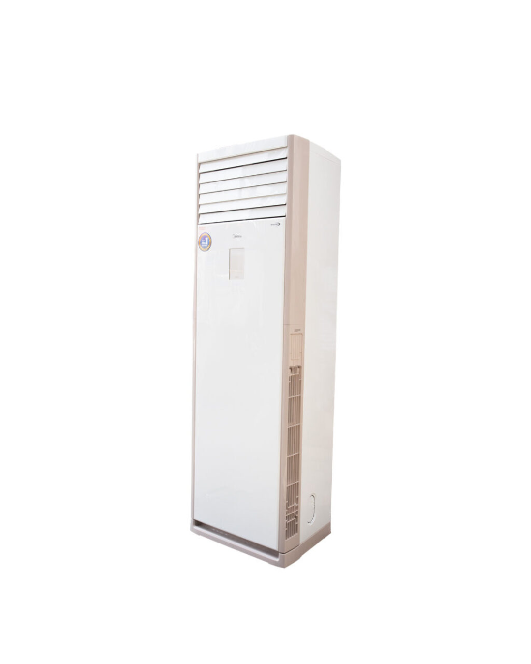 Midea 5.0HP Floor Standing Inverter AC MFPA400-48HRFN1 Product Shots Views of Midea 5.0HP floor standing cylindrical inverter air conditioner tower unit showing the artistic round casing and slide touch layout