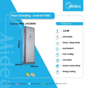 Front view of Midea 2.5HP floor standing vertical inverter air conditioner tower unit showing the clean sleek column casing and digital panel display layout