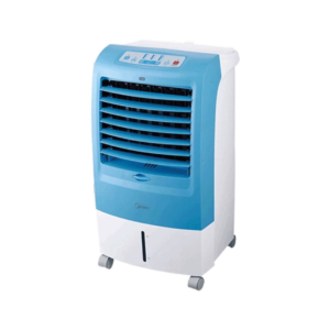 Views of Midea 15L portable evaporative air cooler showing the clean sleek white compact casing and digital LED layout display