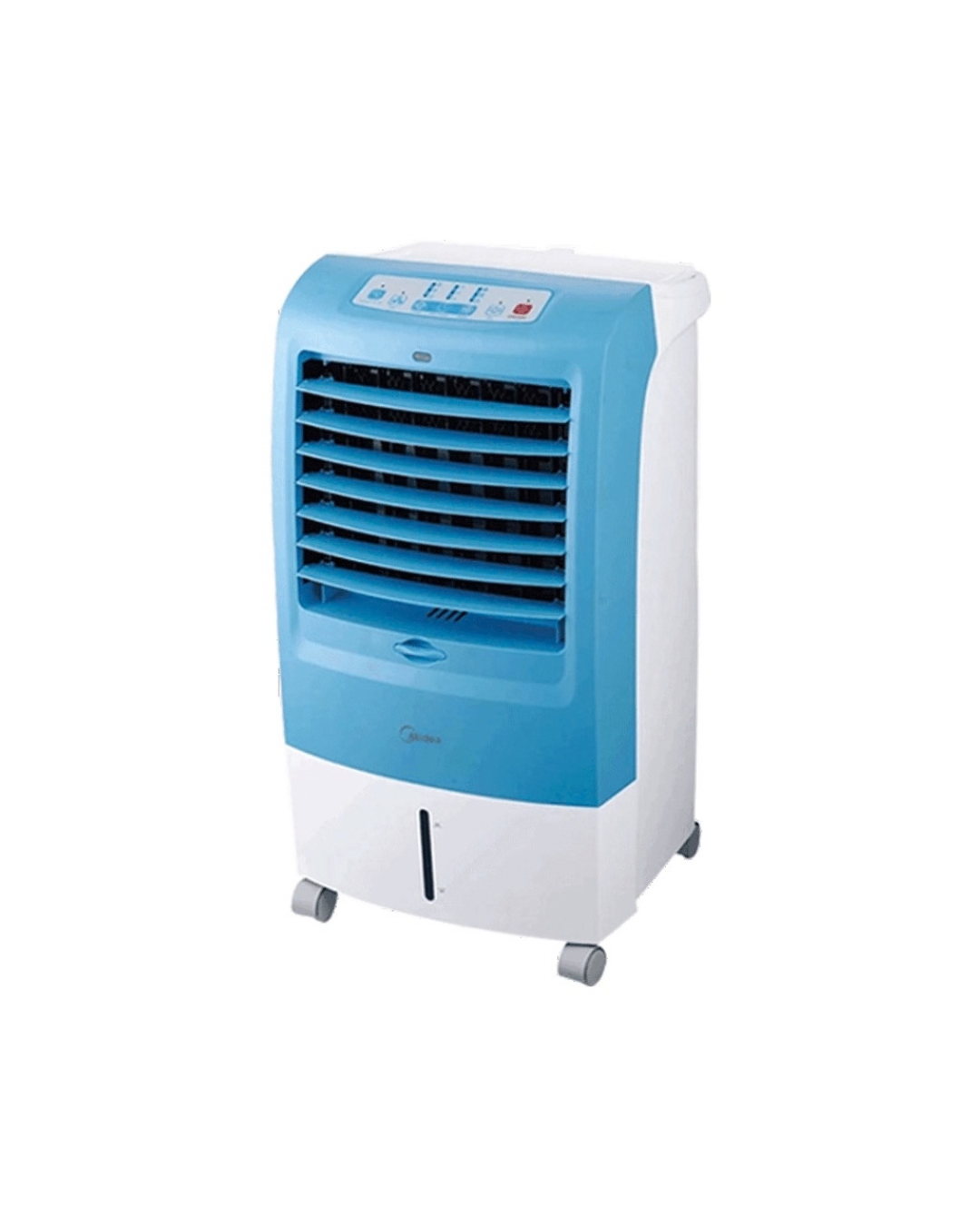 Midea 15L Air Cooler AC120-15F Product Shots Views of Midea 15L portable evaporative air cooler showing the clean sleek white compact casing and digital LED layout display