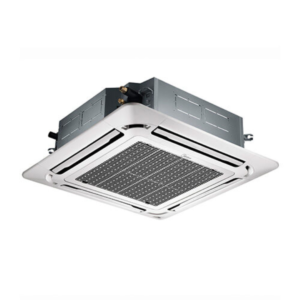 Under-view of Midea 5.0HP ceiling cassette air conditioner indoor panel flush-mounted in a commercial ceiling layout showing the clean grid vanes