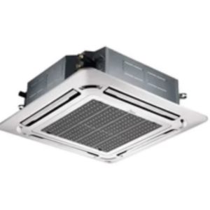 Under-view of Midea 6.0HP ceiling cassette air conditioner indoor panel flush-mounted in a large commercial ceiling layout showing the clean grid vanes
