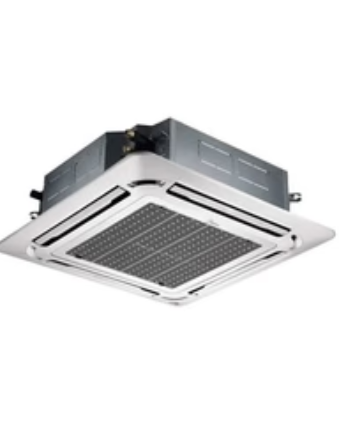 Midea 6.0HP Ceiling Cassette AC MCD-60CR Product Shot Under-view of Midea 6.0HP ceiling cassette air conditioner indoor panel flush-mounted in a large commercial ceiling layout showing the clean grid vanes