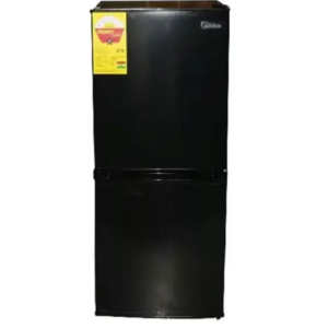 Front view of Midea indoor standalone bottom mount refrigerator unit showing the clean sleek compact casing display layout