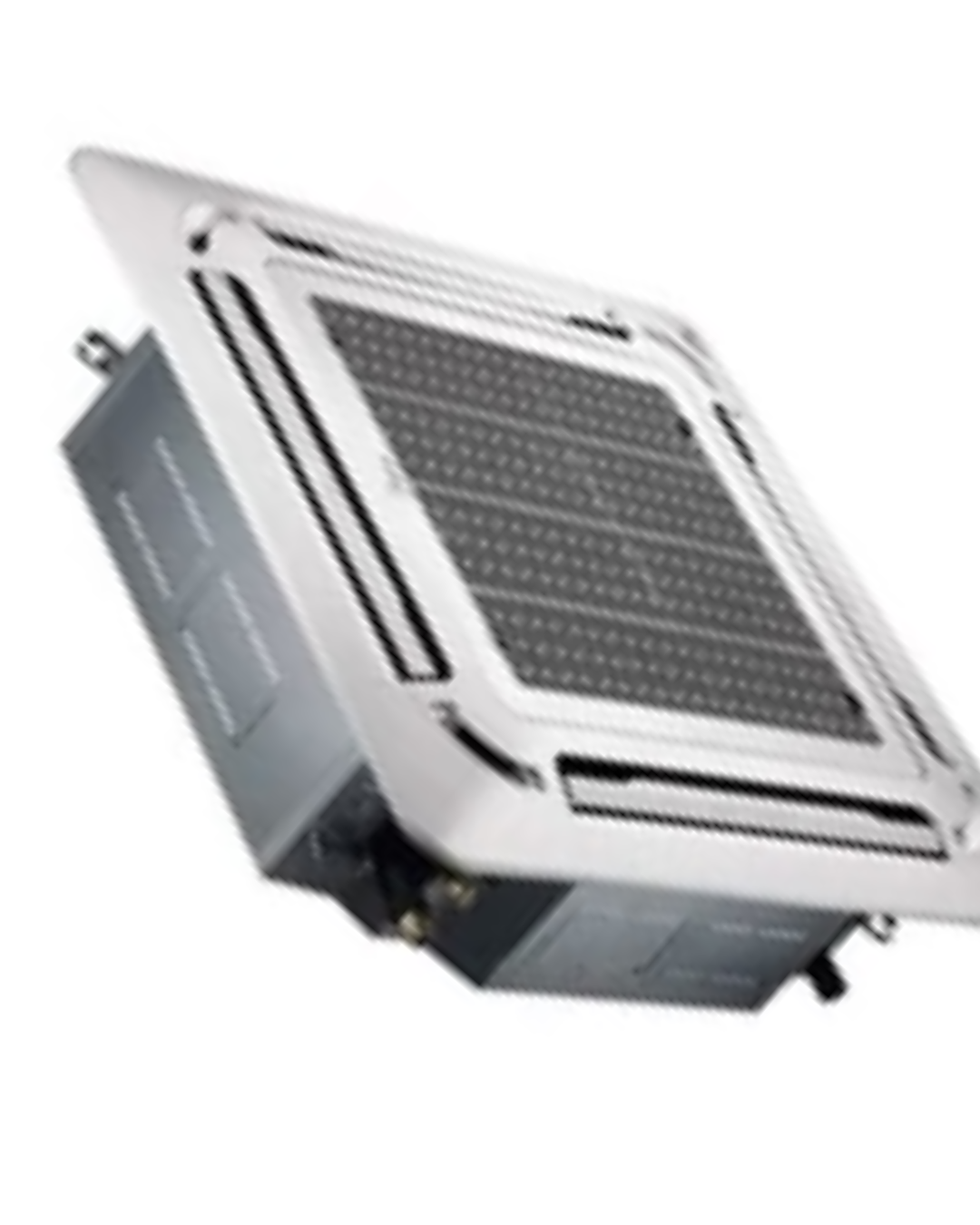 Midea 6.0HP Ceiling Cassette AC MCD-60CR Product Shots Views of Midea 6.0HP ceiling cassette air conditioner indoor panel flush-mounted in a large commercial ceiling layout showing the clean grid vanes