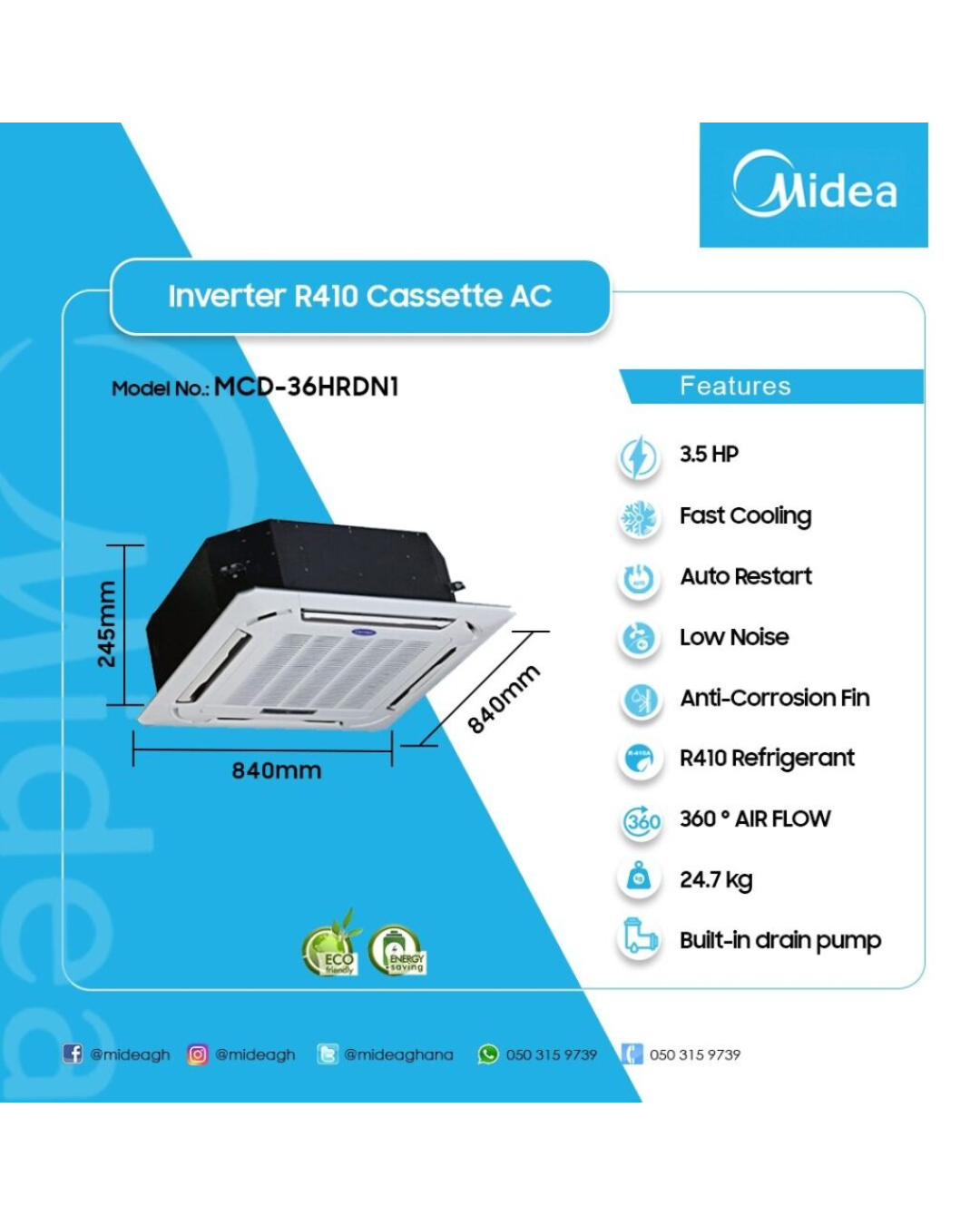 Midea 4.0HP Ceiling Cassette Inverter AC MCD-36HRDN1 Product Shot View of Midea 4.0HP ceiling cassette inverter air conditioner indoor panel flush-mounted in a professional ceiling layout showing the clean grid vanes