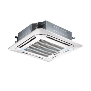 Under-view of Midea 5.0HP ceiling cassette inverter air conditioner indoor panel flush-mounted in a professional ceiling layout showing the clean grid vanes