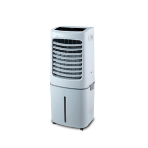 Front view of Midea 50L vertical tower evaporative air cooler showing the clean sleek white column casing and digital LED layout display