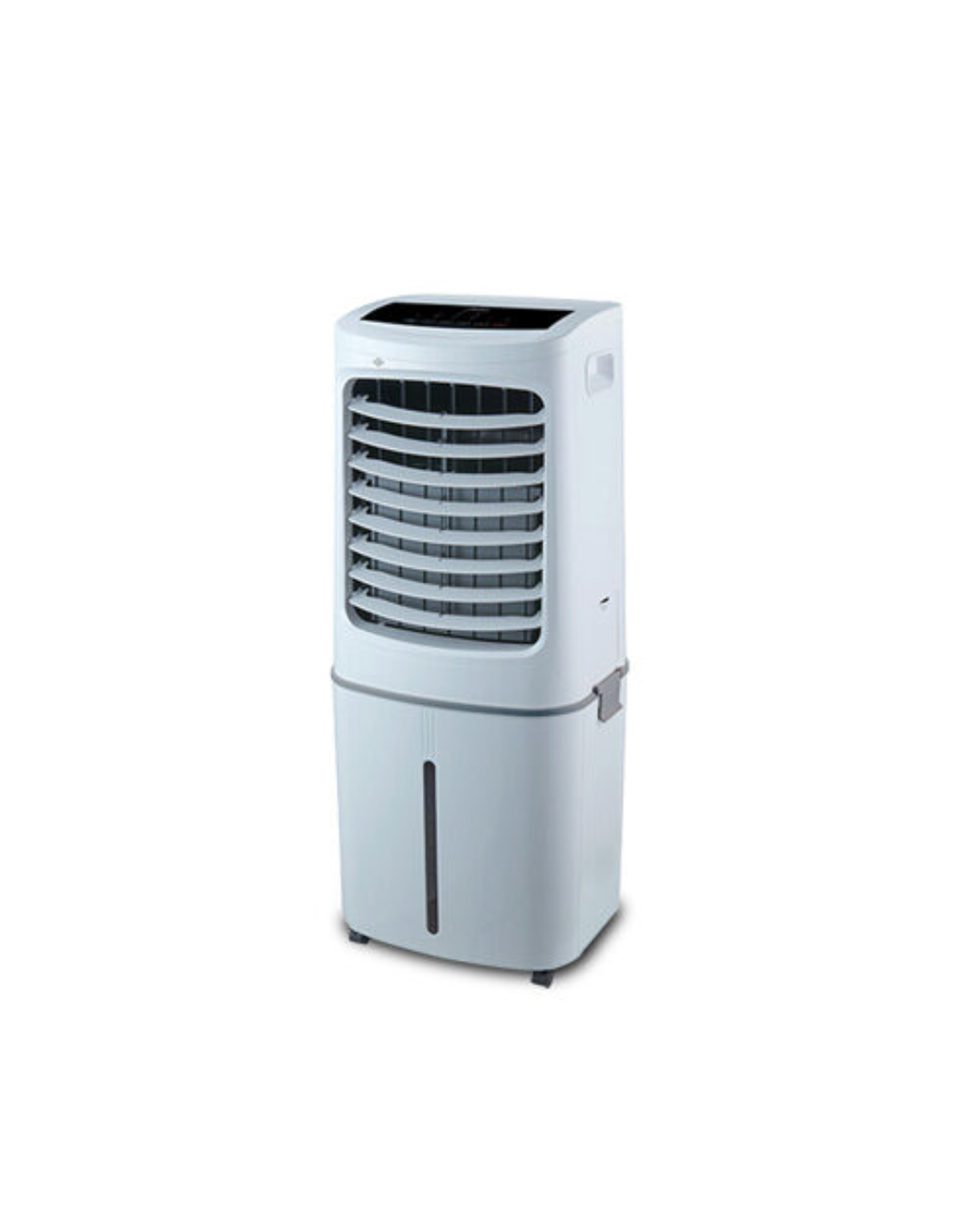 Midea 50L Air Cooler AC200-17JR Product Shot Front view of Midea 50L vertical tower evaporative air cooler showing the clean sleek white column casing and digital LED layout display