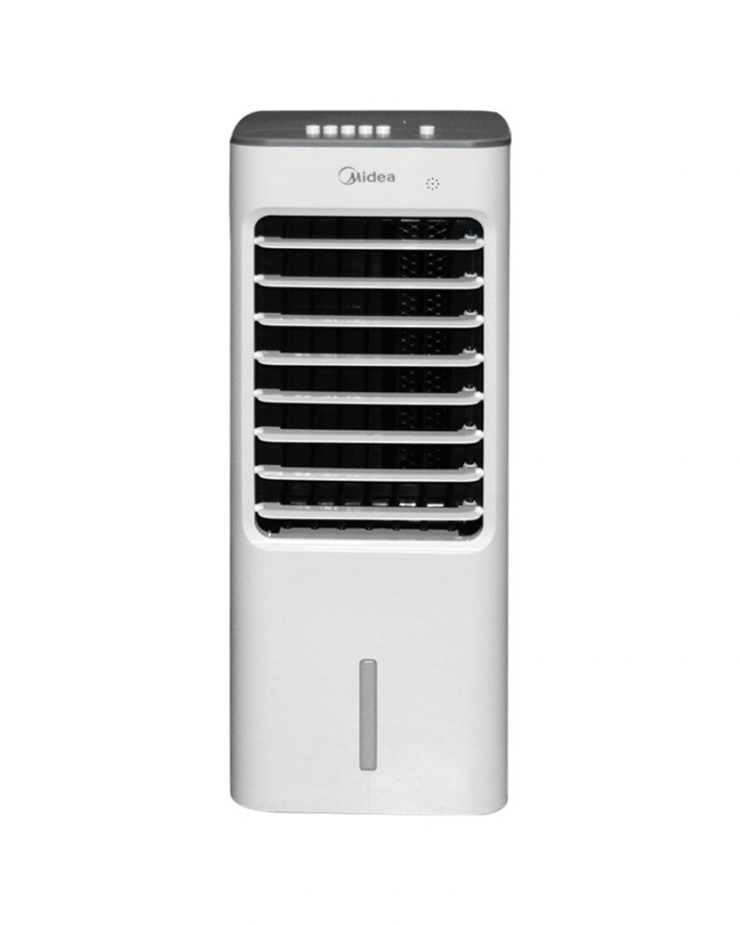 Midea Standing Air Cooler AC100-18B Product Shots Views of Midea standing evaporative air cooler unit showing the clean sleek casing display layout