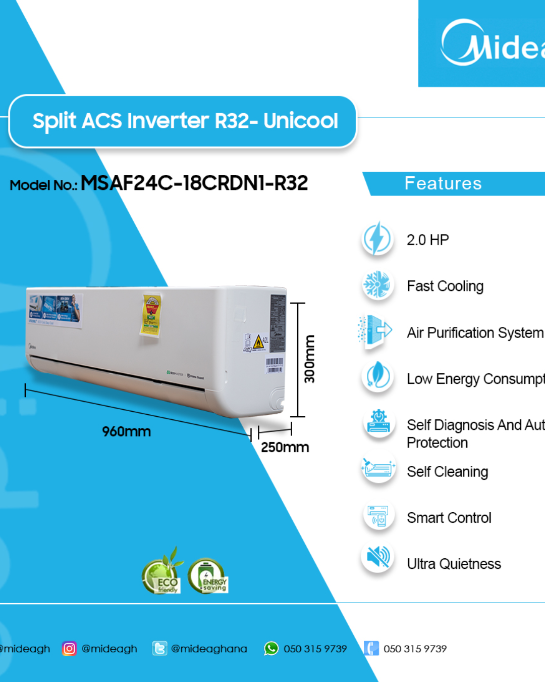 Midea 2.0HP Inverter AC MSAF24C-18CRDN1-R32 Product Shots Views of Midea 2.0HP indoor split inverter air conditioner indoor unit showing the clean sleek casing display layout