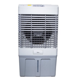 Alt Text Box: Front view of Midea 100L industrial evaporative air cooler vertical tower unit showing the robust white and grey casing layout and mechanical control panel