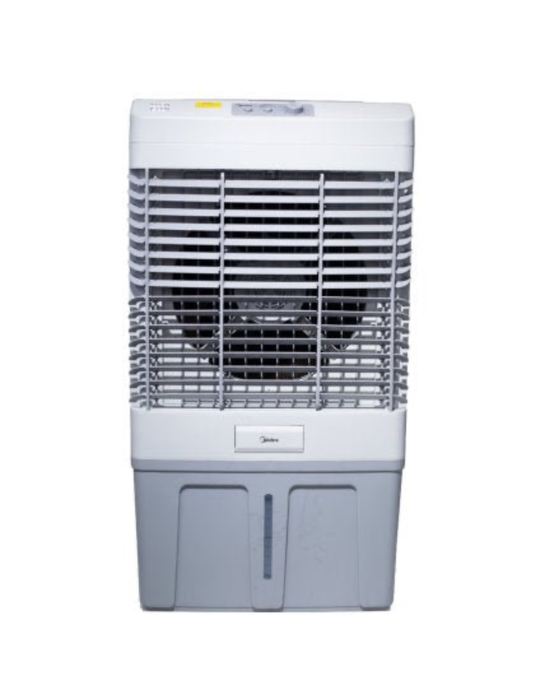 Midea Industrial Air Cooler AC500-23B Product Shot Alt Text Box: Front view of Midea 100L industrial evaporative air cooler vertical tower unit showing the robust white and grey casing layout and mechanical control panel