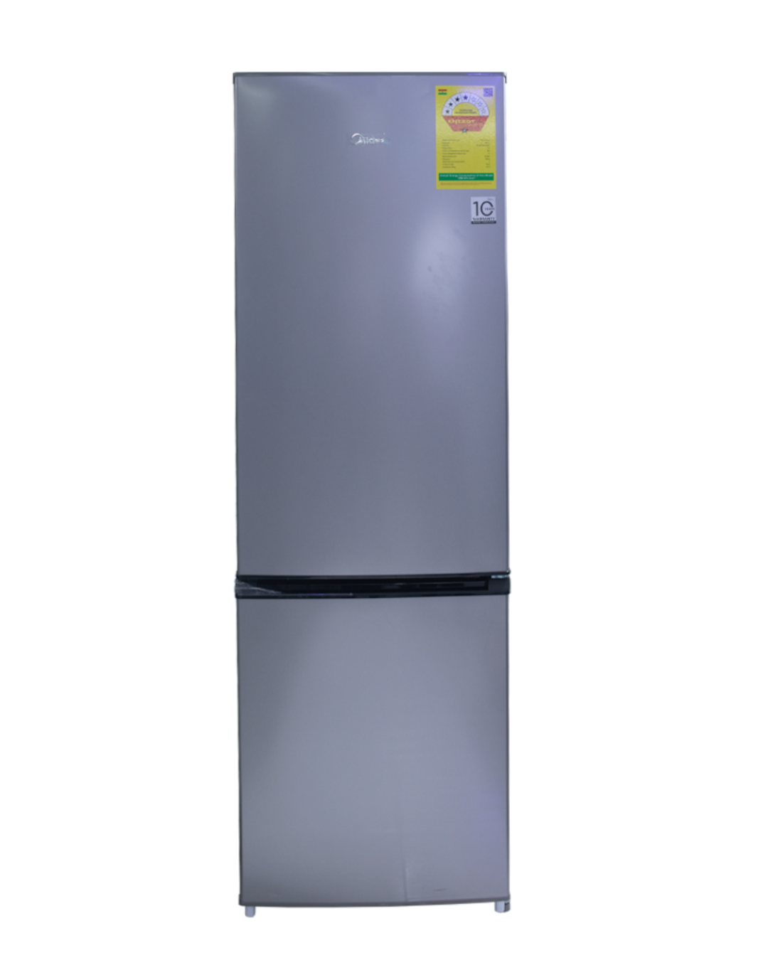 Midea Refrigerator MDRB380FGG50D Product Shot Front view of Midea indoor standalone bottom mount refrigerator unit showing the clean sleek compact casing display layout