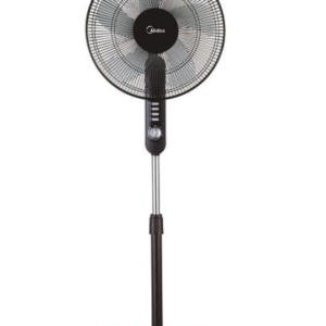 Views of Midea electric stand fan pedestal unit showing the clean sleek casing display layout