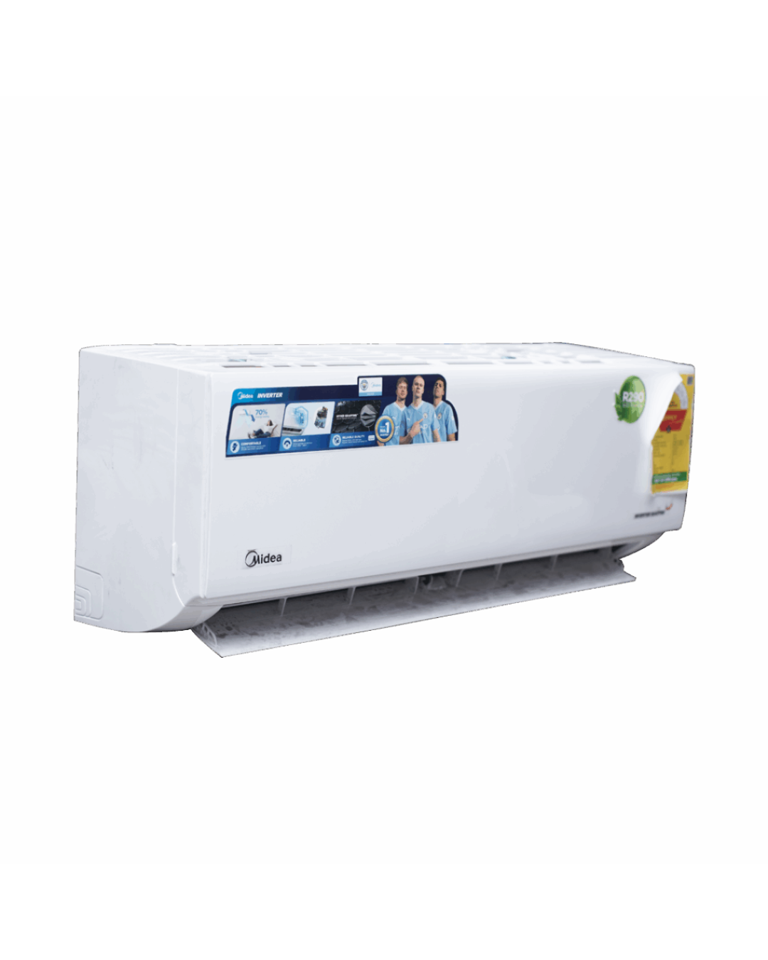 Midea 1.5HP Inverter AC MSAGBU-12HRFN7 Product Shots Views of Midea 1.5HP indoor split inverter air conditioner indoor unit showcasing the sleek modern design with digital LED display