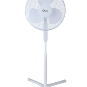 Front view of Midea electric stand fan pedestal unit showing the clean sleek casing display layout