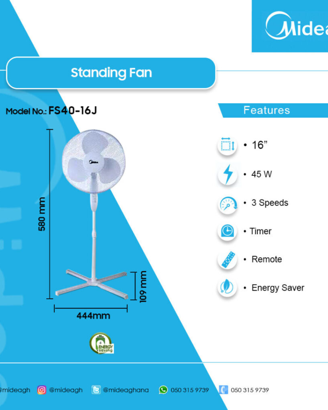 Midea Stand Fan FS40-16JA Product Shots Views of Midea electric stand fan pedestal unit showing the clean sleek casing display layout