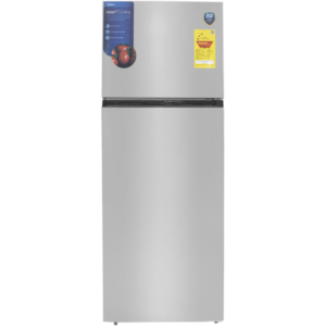 Front view of Midea indoor standalone top mount refrigerator unit showing the clean sleek compact casing display layout