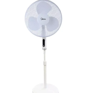 Views of Midea electric stand fan pedestal unit showing the clean sleek casing display layout