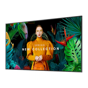 Slant front view of Samsung 65-inch indoor non-touch commercial standalone display screen showing the thin symmetrical border layout