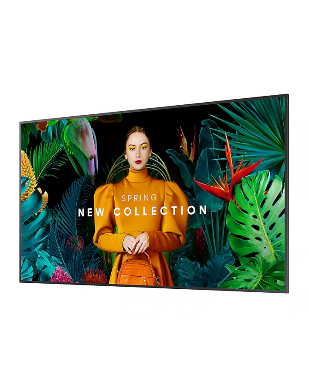 Samsung 65 Standalone Screen LH65QMCEBGCXUE Product Shot Slant front view of Samsung 65-inch indoor non-touch commercial standalone display screen showing the thin symmetrical border layout