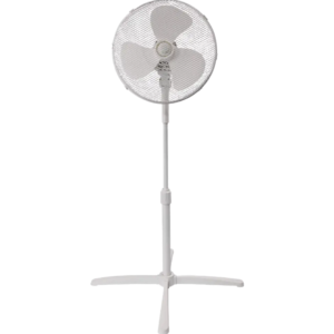 Views of Midea electric stand fan pedestal unit showing the clean sleek casing display layout