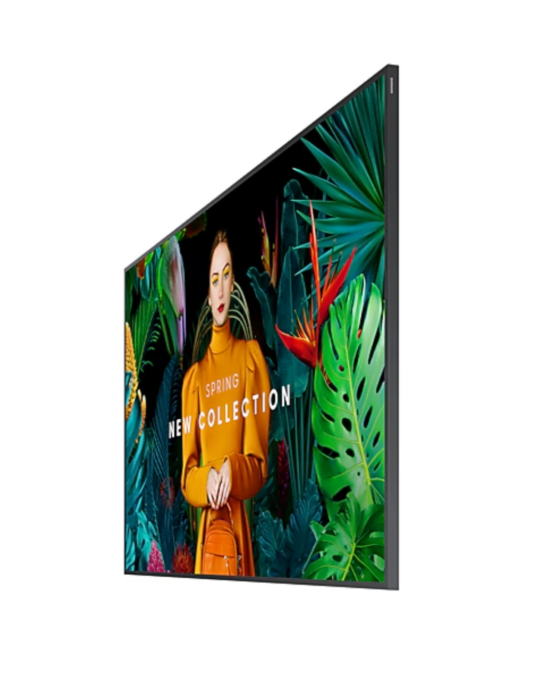 Samsung 65 Standalone Screen LH65QMCEBGCXUE Product Shots Different views of Samsung 65-inch indoor non-touch commercial standalone display screen showing the thin symmetrical border layout