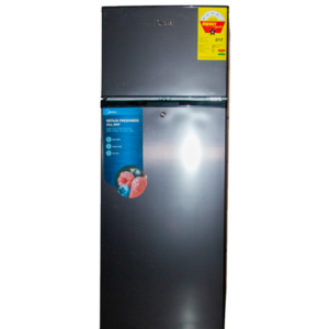 Front view of Midea indoor standalone top mount refrigerator unit showing the clean sleek compact casing display layout