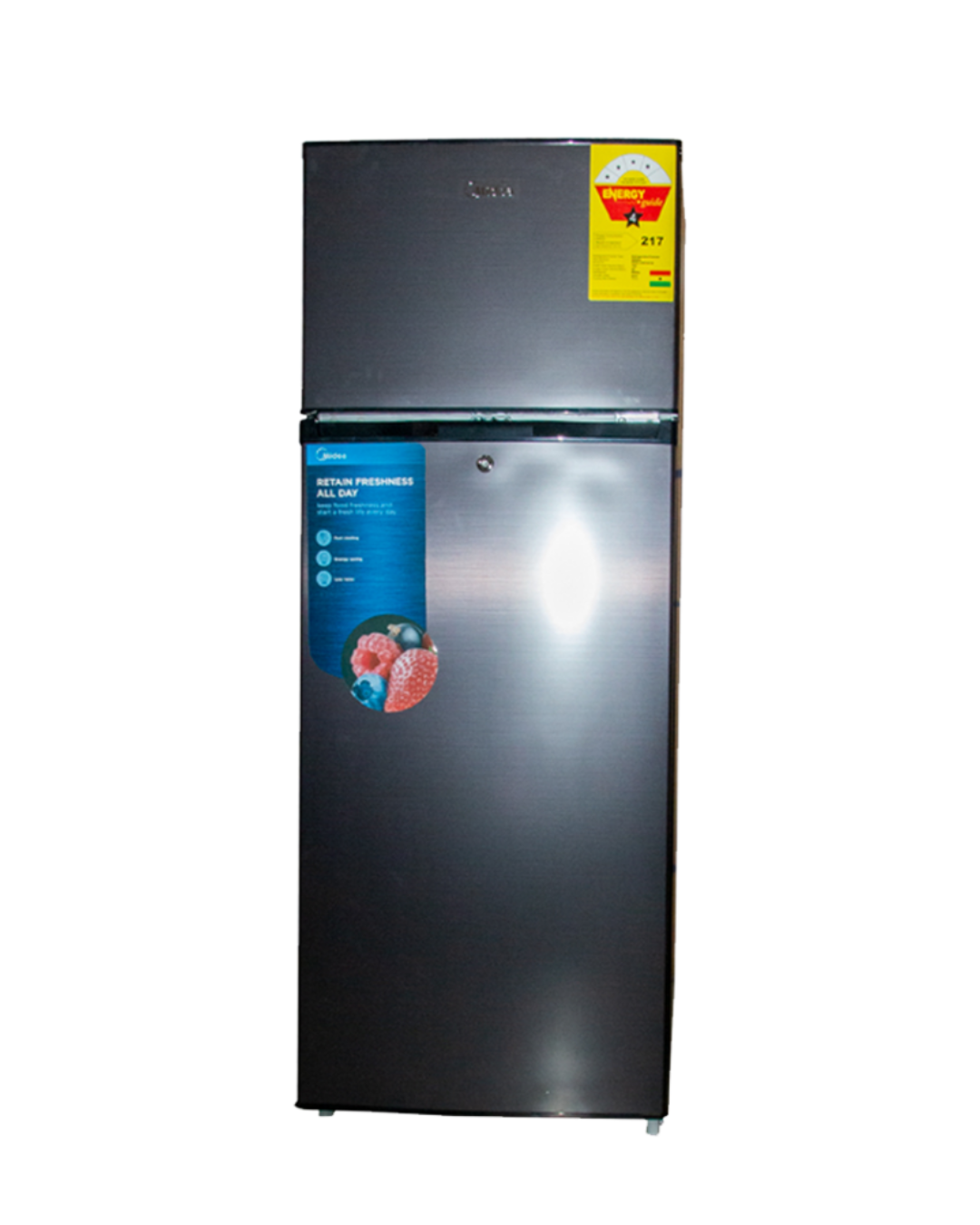 Midea Refrigerator MDRT294FGN28 Product Shot Front view of Midea indoor standalone top mount refrigerator unit showing the clean sleek compact casing display layout