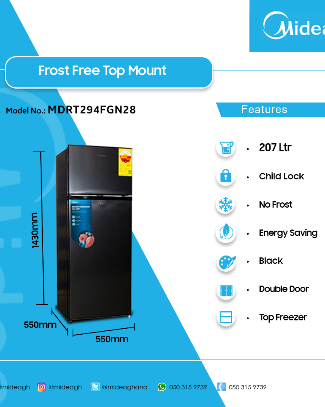 Midea Refrigerator MDRT294FGN28 Product Shots Views of Midea indoor standalone top mount refrigerator unit showing the clean sleek compact casing display layout