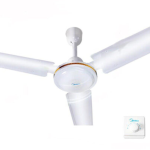 Underneath view of Midea electric ceiling fan unit showing the clean sleek blade layout