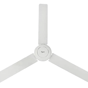 Underneath view of Midea electric ceiling fan unit showing the clean sleek blade layout