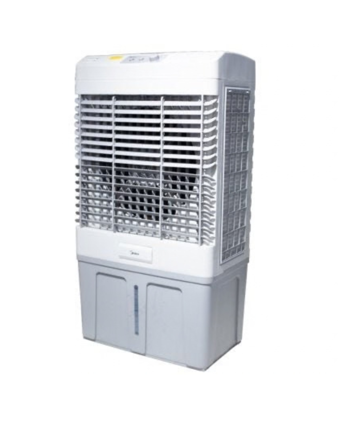 Midea Industrial Air Cooler AC500-23B Product Shots Views of Midea 100L industrial evaporative air cooler vertical tower unit showing the robust white and grey casing layout and mechanical control panel