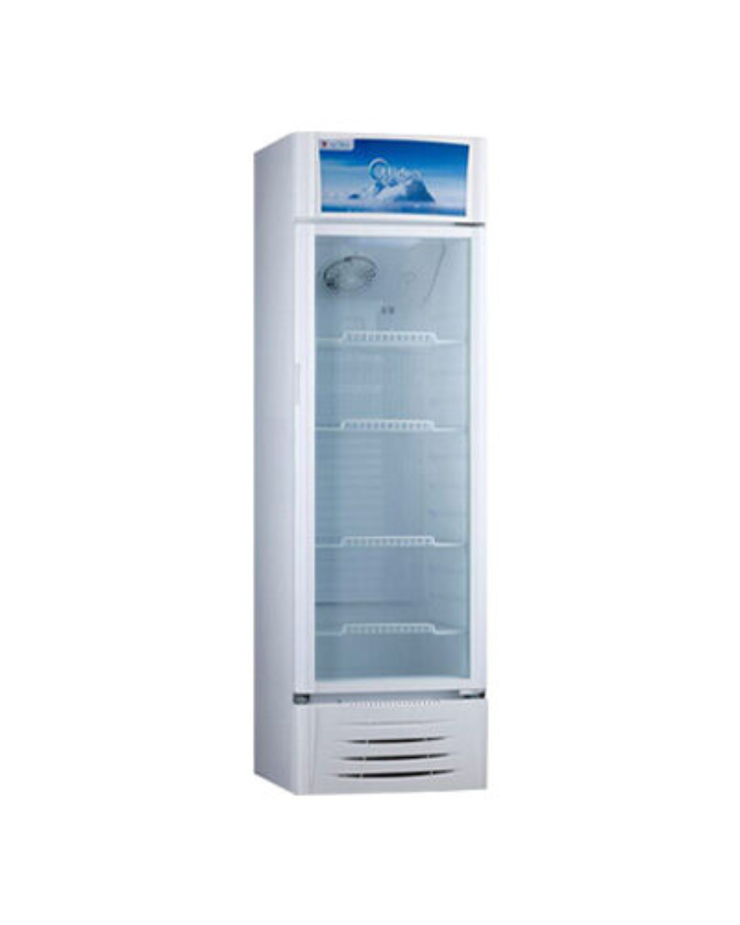 Midea Freezer MDRZ432FZG21 Product Shot Front view of Midea indoor standalone upright freezer unit showing the clean sleek compact casing display layout