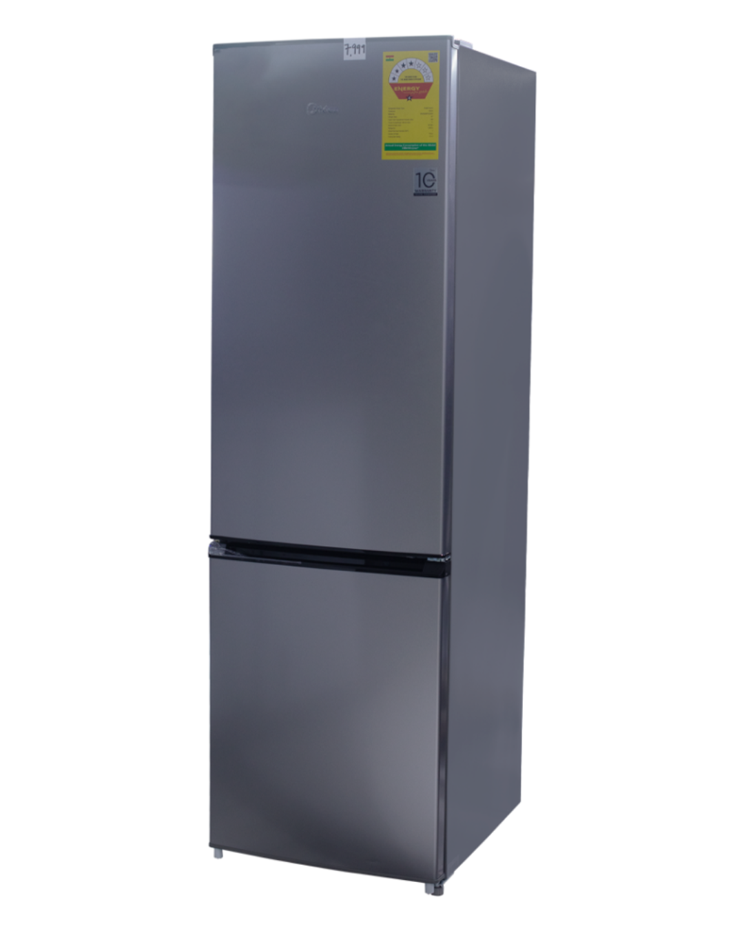 Midea Refrigerator MDRB380FGG50D Product Shots Views of Midea indoor standalone bottom mount refrigerator unit showing the clean sleek compact casing display layout