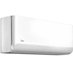 Front view of Midea 2.0HP Breezeless inverter split air conditioner indoor unit showcasing the micro-hole twin flap matrix casing layout