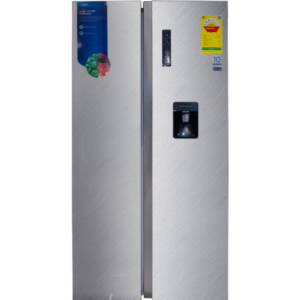 View of Midea indoor standalone side-by-side refrigerator unit showing the clean sleek compact casing display layout